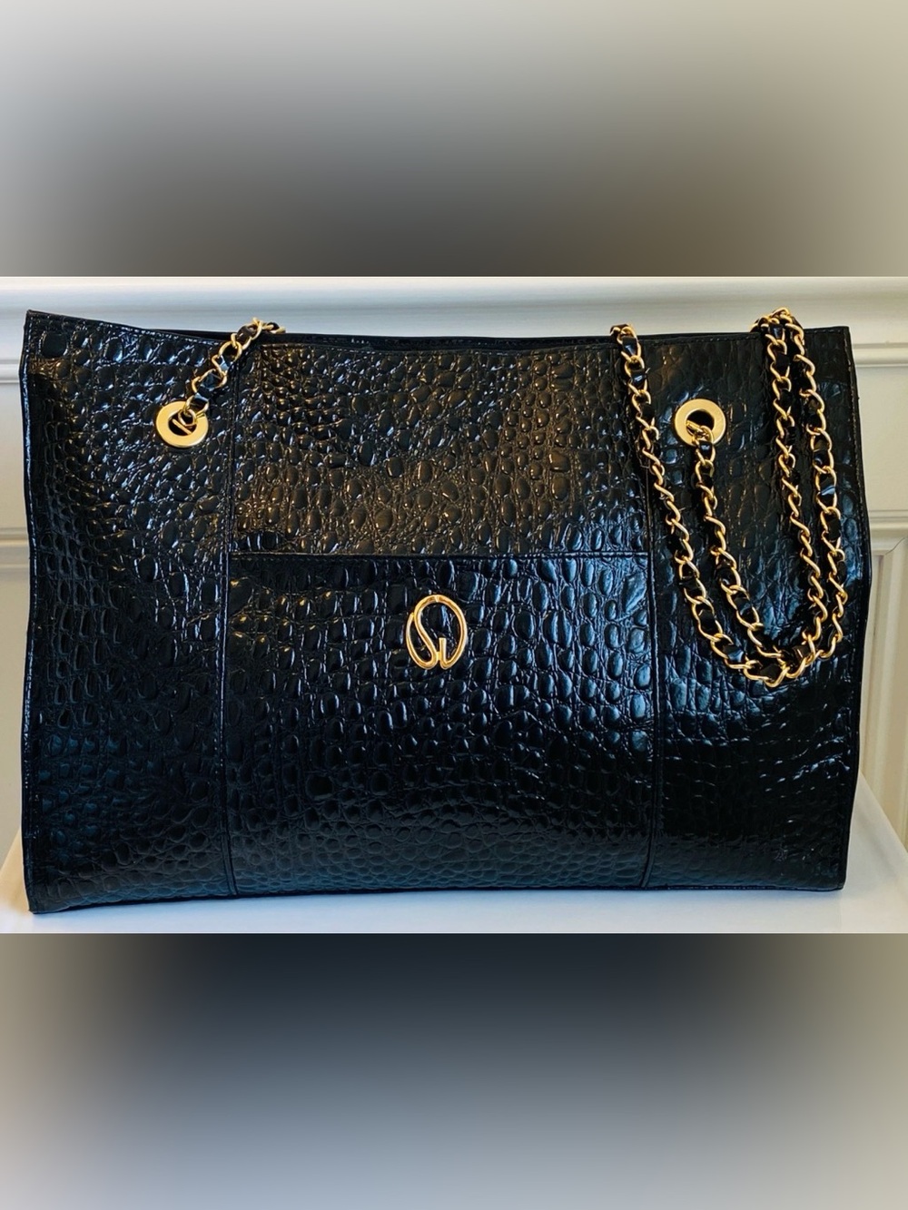 St. John Black Croc-Embossed Chain Shoulder Bag with Gold Hardware